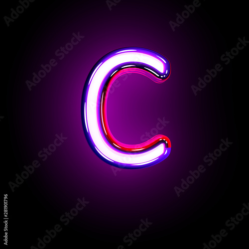 Purple glowing neon font - letter C isolated on black background, 3D illustration of symbols