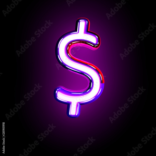 Purple glow neon alphabet - dollar - peso sign isolated on black background, 3D illustration of symbols