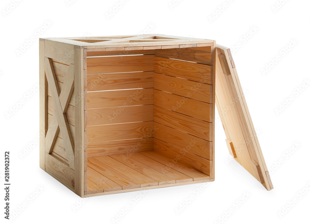 Open wooden crate with lid isolated on white Open wooden crate with lid isolated on white
