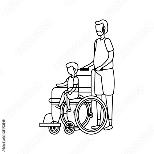 cute grandfather with grandson in wheelchair