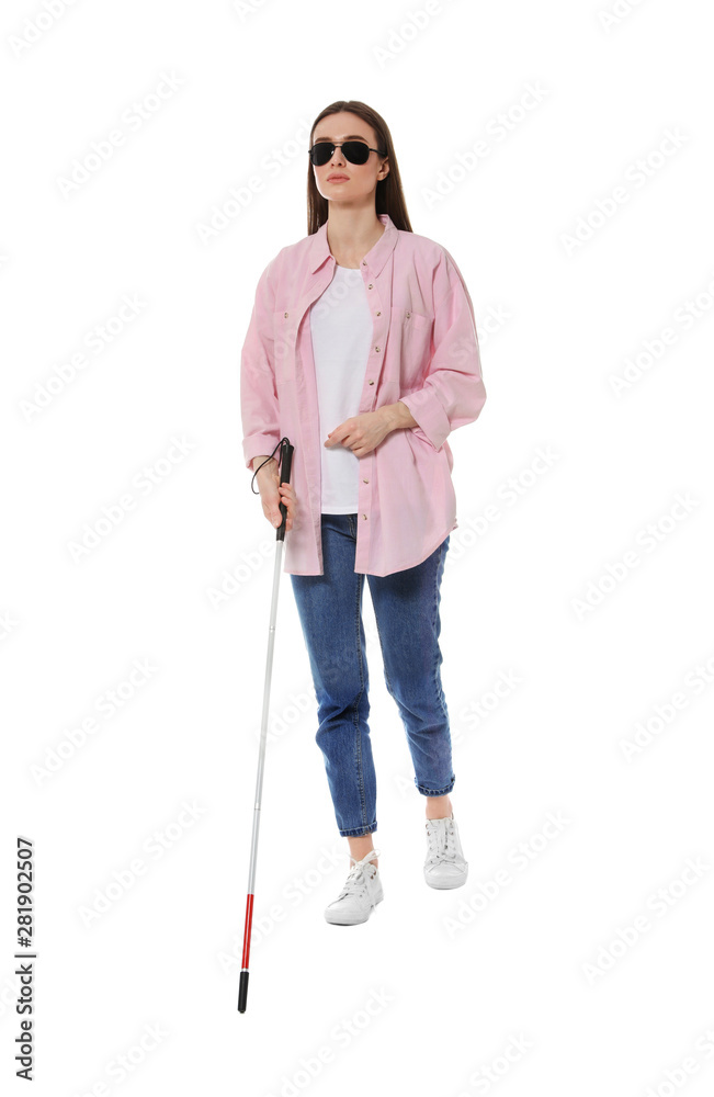 Blind woman with long cane on white background Blind woman with long cane on white background
