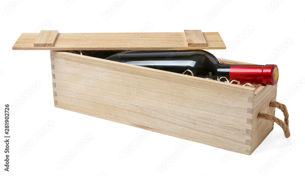 Open wooden crate with bottle of wine isolated on white Open wooden crate with bottle of wine isolated on white