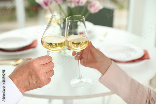 People with glasses of wine on blurred background  closeup