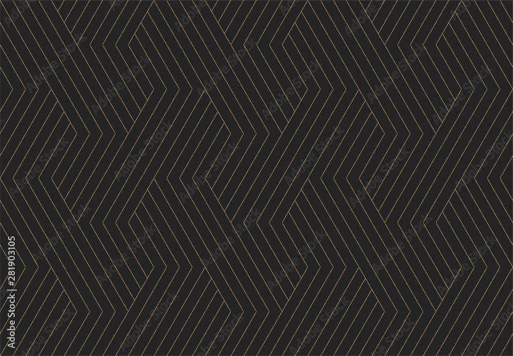 Seamless pattern. Dark and gold texture. Repeating geometric background. Striped hexagonal grid. Linear graphic design - obrazy, fototapety, plakaty 