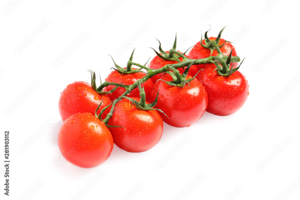 Branch of fresh cherry tomatoes isolated on white Branch of fresh cherry tomatoes isolated on white