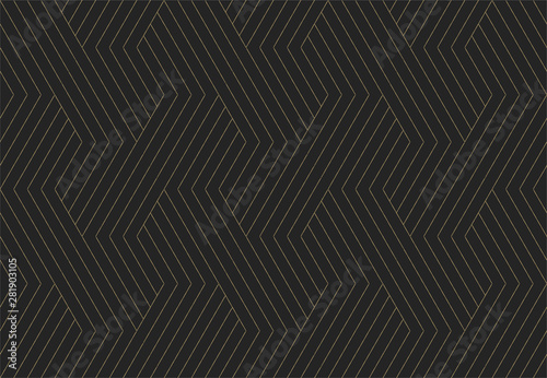Seamless pattern. Dark and gold texture. Repeating geometric background. Striped hexagonal grid. Linear graphic design