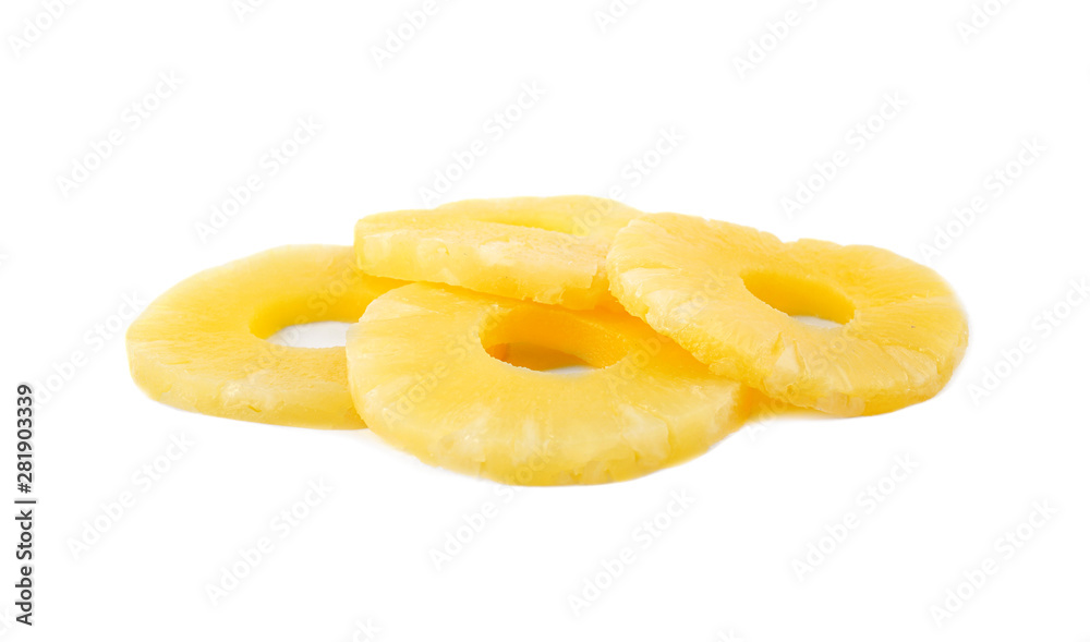 Slices of delicious sweet canned pineapple on white background Slices of delicious sweet canned pineapple on white background