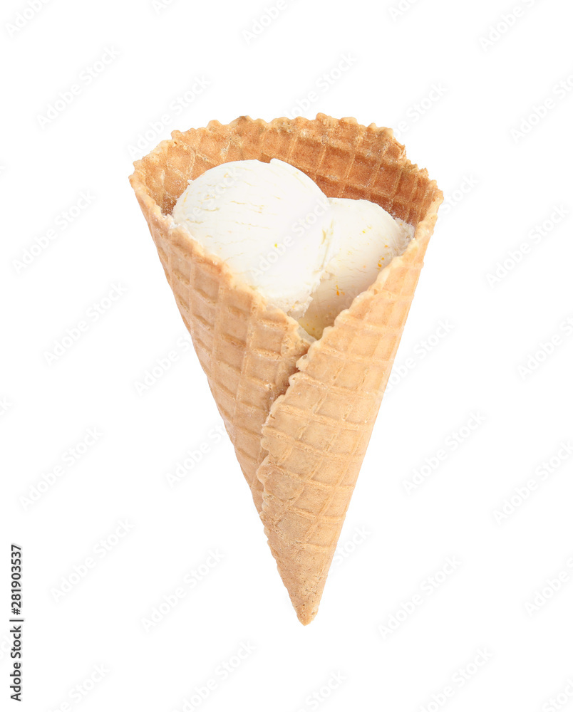 Delicious vanilla ice cream in wafer cone on white background Delicious vanilla ice cream in wafer cone on white background
