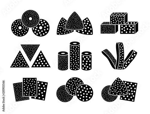 Sandpaper sheets, discs, rolls, triangles. Black & white vector illustration of sanding abrasive paper. Line icon set of glasspapers with assorted grit texture