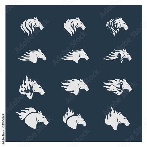 Set of Head Horse logo design vector. Horse Fire logo template. Illustration Vector