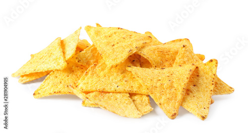 Pile of tasty Mexican nachos chips on white background