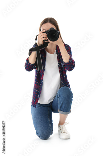Professional photographer taking picture on white background © New Africa