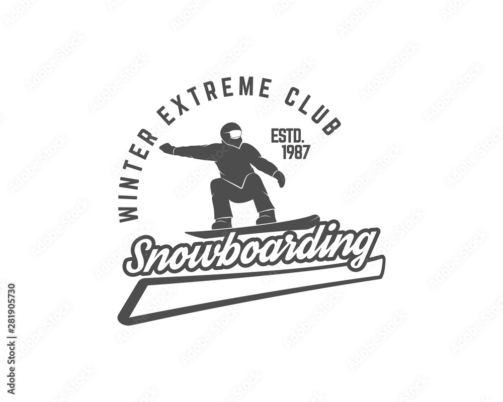 Snowboarding logo, label template. Winter extreme club badge. Extreme Emblem and icon. Adventure insignia. Vector monochrome design.