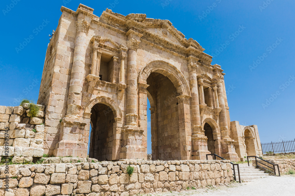 The ruins of Jerash in Jordan are the best preserved city of the early Greco-Roman era, it is the largest acropolis of East Asia. The Arch of Hadrian was built to honour the visit of Emperor Hadrian