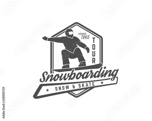 Snowboarding logo, label template. Winter sport badge. Extreme Emblem and icon. Adventure insignia. Vector monochrome design. Vintage theme