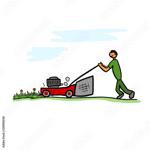 Man mowing the lawn with a lawn mower. Cartoon sketch. Childish isolated ink illustration on white.