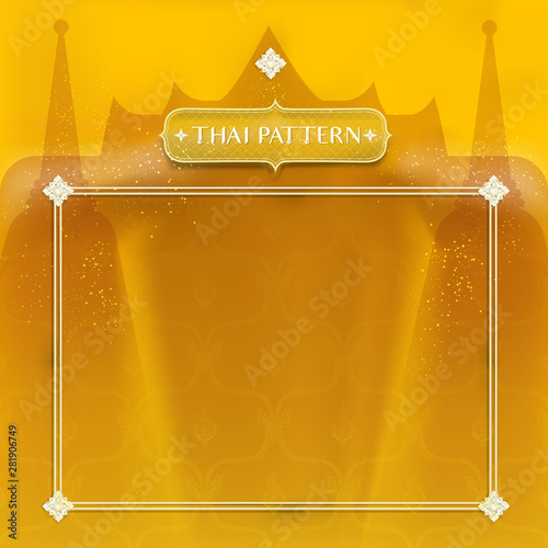 Abstract traditional Thai background. Decorated by golden temple and stupa, with Thai pattern and flowers, and removable frame. EPS10, VECTOR, Illustration.