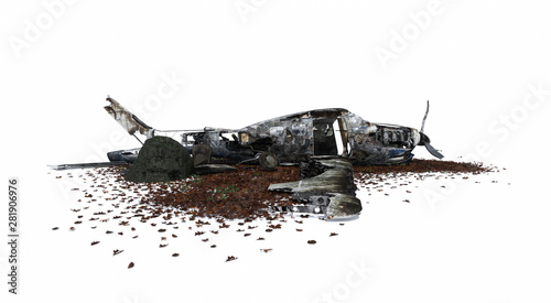 Broken plane in jungle forest leaf ground, right view