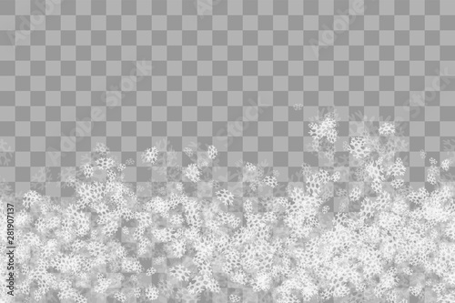 Snowflakes on transparent grey background. Horizontal winter pattern