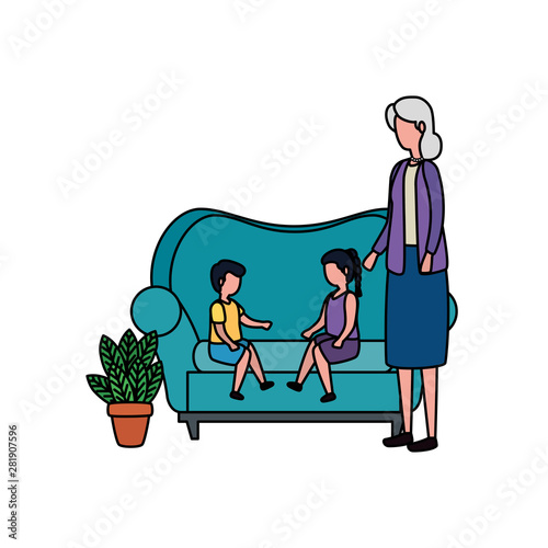 cute grandmother with kids in the sofa characters