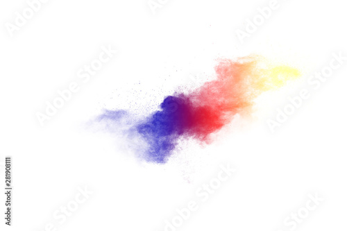 Colorful background of pastel powder explosion. Rainbow color dust splash on white background.