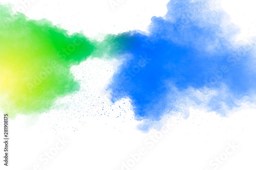 Multicolored powder explosion on white background.Color dust splash cloud on white background.