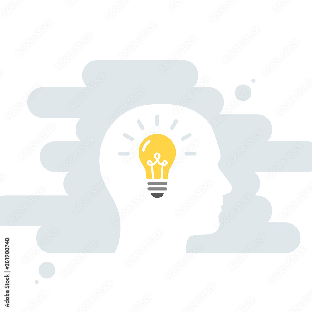 Male head and brain vector icon. Light bulb. Concept of creativity, idea, solution. Vector illustration, flat design Male head and brain vector icon. Light bulb. Concept of creativity, idea, solution. Vector illustration, flat design
