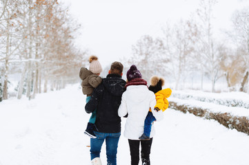 Photo from back of a family having time together, a winter walk
