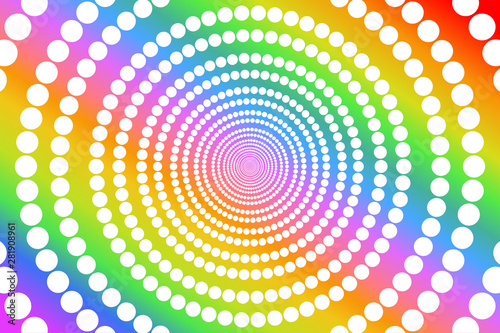 Circular white round dots pattern on colorful texture background, gradient rainbow colors, used LGBTQ (lesbian, gay, bisexual, transgender, and questioning) pride flag colors. Vector illustration.