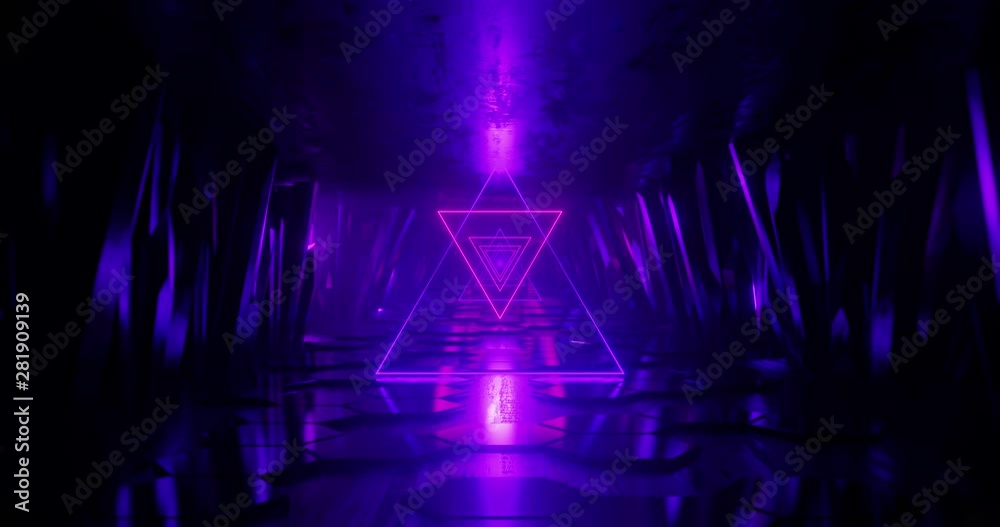 3d render abstract background, neon light beam, flight forward through tunnel corridor of rocks, light shape, outer space, seamless looping animation.