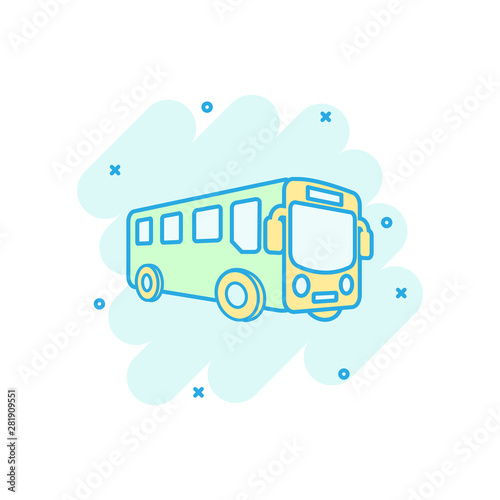 School bus icon in comic style. Autobus vector cartoon illustration on white isolated background. Coach transport business concept splash effect.