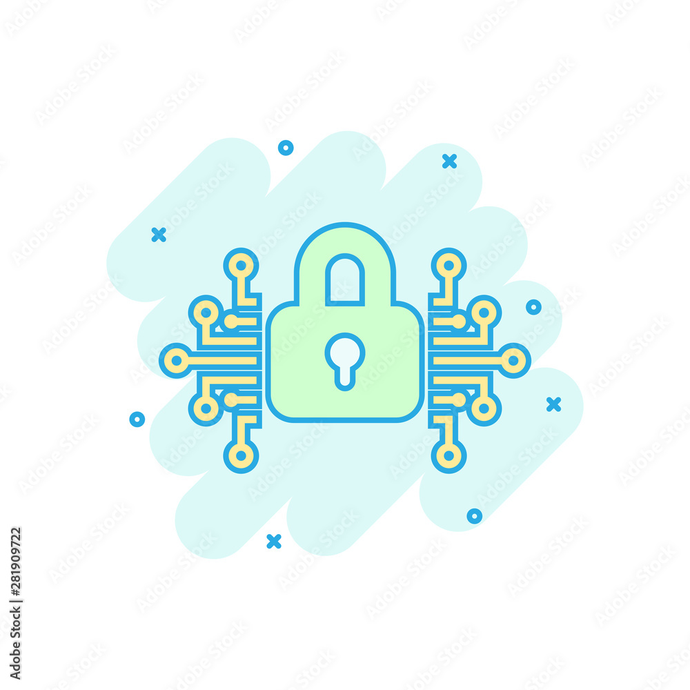 Cyber security icon in comic style. Padlock locked vector cartoon illustration on white isolated background. Closed password business concept splash effect. Cyber security icon in comic style. Padlock locked vector cartoon illustration on white isolated background. Closed password business concept splash effect.