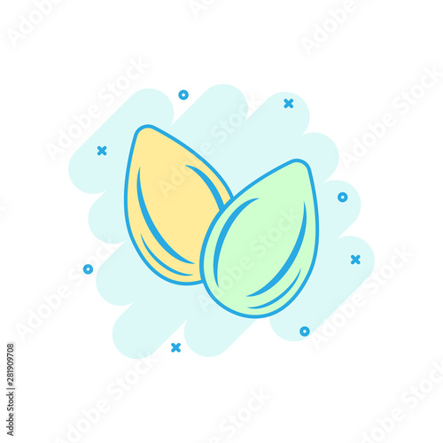 Almond icon in comic style. Bean vector cartoon illustration on white isolated background. Nut business concept splash effect.