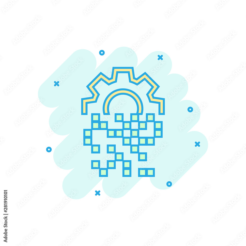 Digital gear icon in comic style. Cog vector cartoon illustration on white isolated background. Techno wheel business concept splash effect. Digital gear icon in comic style. Cog vector cartoon illustration on white isolated background. Techno wheel business concept splash effect.