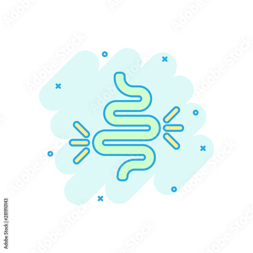 Gut constipation icon in comic style. Colitis vector cartoon illustration on white isolated background. Stomach business concept splash effect.