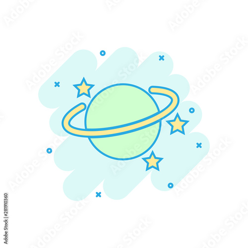 Saturn icon in comic style. Planet vector cartoon illustration on white isolated background. Galaxy space business concept splash effect.