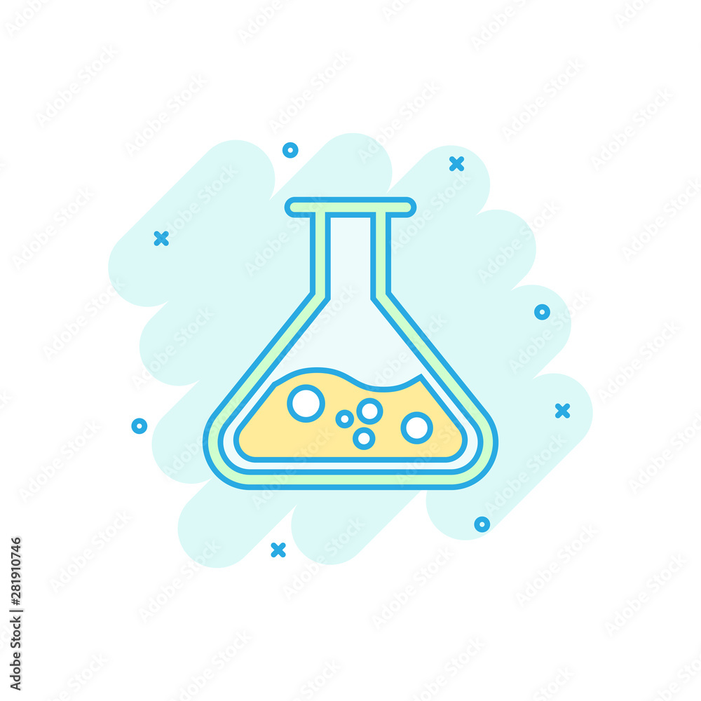 Chemistry beakers sign icon in comic style. Flask test tube vector cartoon illustration on white isolated background. Alchemy business concept splash effect. Chemistry beakers sign icon in comic style. Flask test tube vector cartoon illustration on white isolated background. Alchemy business concept splash effect.