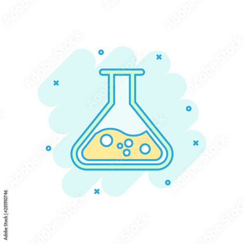 Chemistry beakers sign icon in comic style. Flask test tube vector cartoon illustration on white isolated background. Alchemy business concept splash effect.