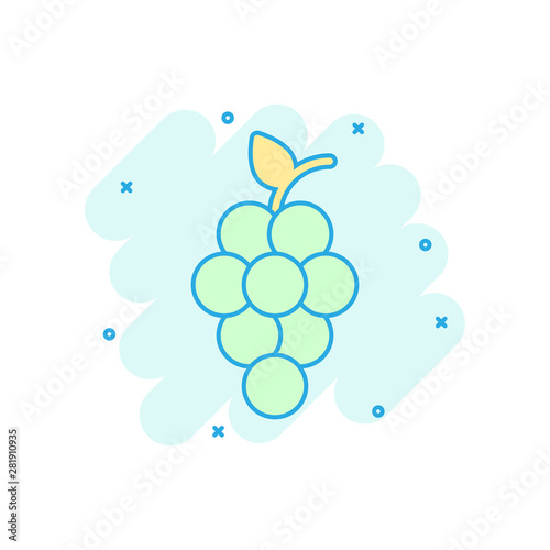 Grape fruits sign icon in comic style. Grapevine vector cartoon illustration on white isolated background. Wine grapes business concept splash effect.
