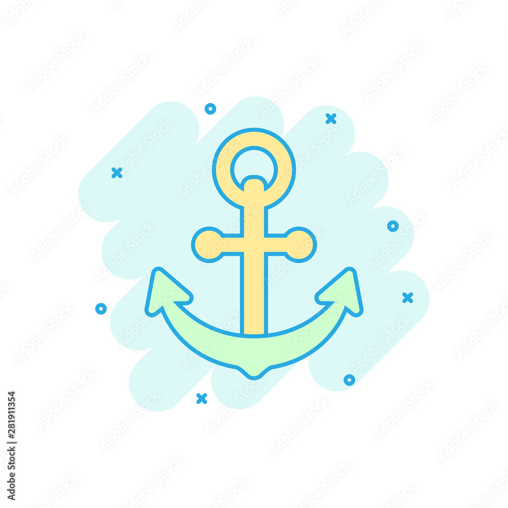 Boat anchor sign icon in comic style. Maritime equipment vector cartoon illustration on white isolated background. Sea security business concept splash effect. Boat anchor sign icon in comic style. Maritime equipment vector cartoon illustration on white isolated background. Sea security business concept splash effect.