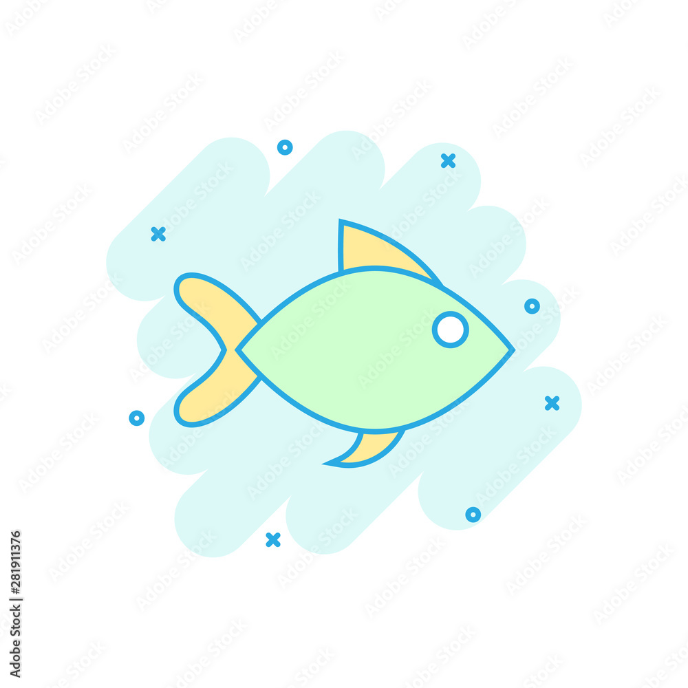 Naklejka premium Fish sign icon in comic style. Goldfish vector cartoon illustration on white isolated background. Seafood business concept splash effect.