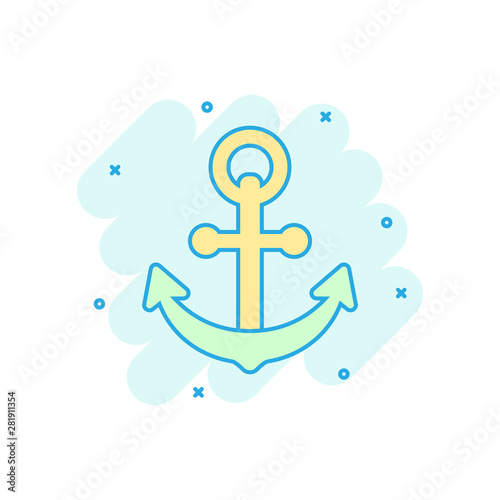 Boat anchor sign icon in comic style. Maritime equipment vector cartoon illustration on white isolated background. Sea security business concept splash effect.
