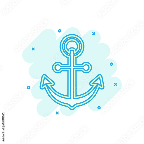 Boat anchor sign icon in comic style. Maritime equipment vector cartoon illustration on white isolated background. Sea security business concept splash effect.