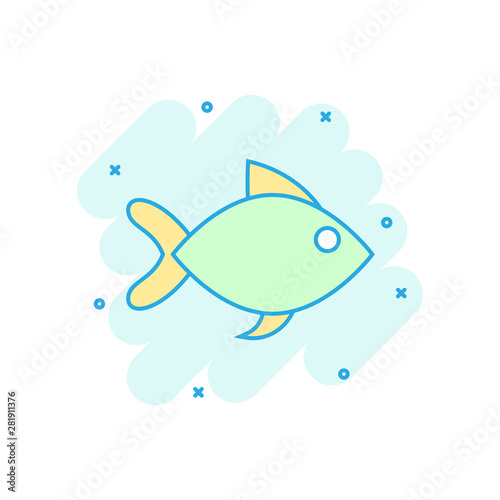 Fish sign icon in comic style. Goldfish vector cartoon illustration on white isolated background. Seafood business concept splash effect.