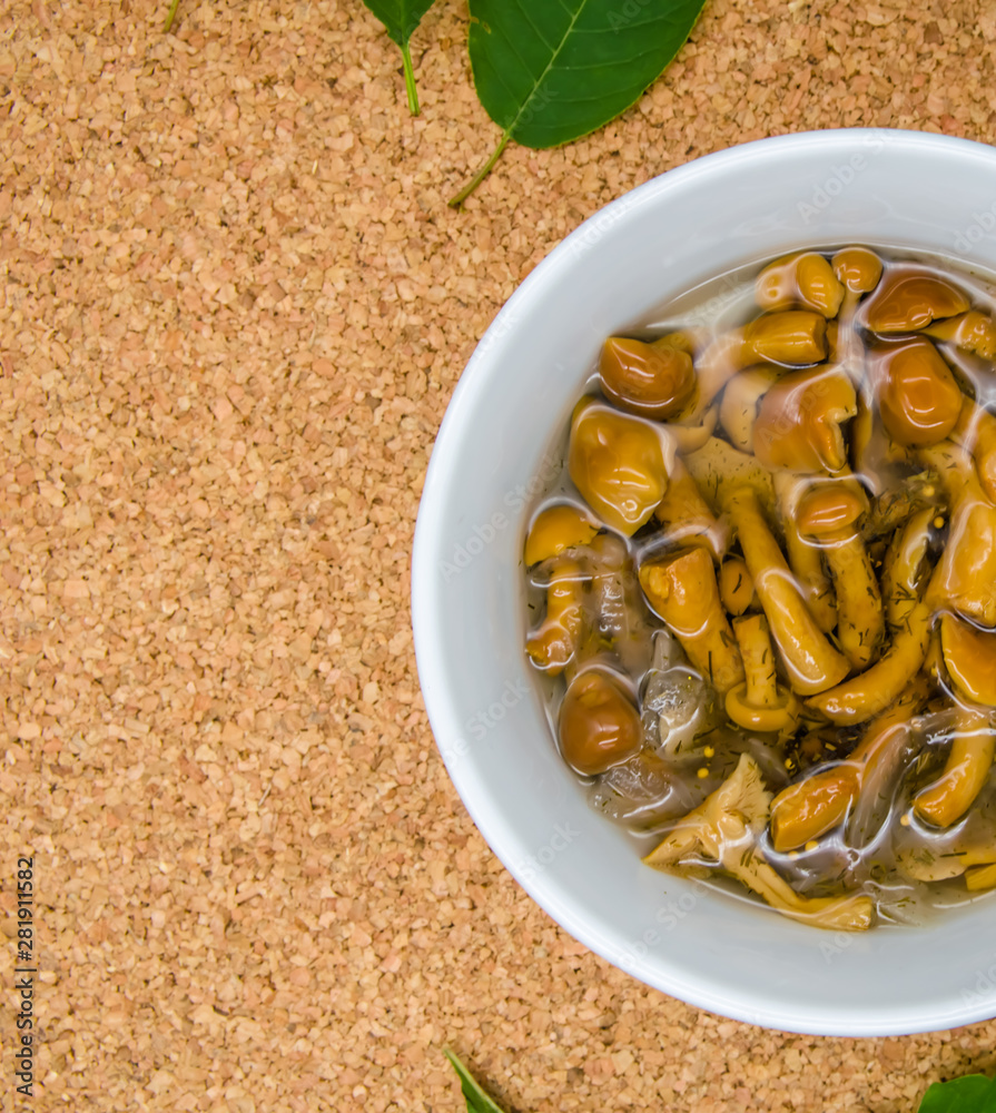Fototapeta premium pickled mushrooms in a deep plate against a brown background