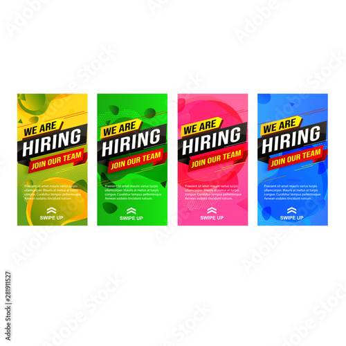 hiring recruitment Join now design set color banner poster. We are hiring lettering. Vector illustration typographic. Open vacancy design template modern concept Instagram story Insta stories Whatsapp