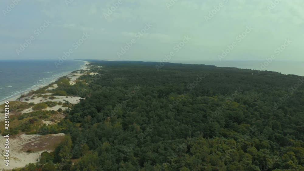 Aerial view white sand beach and turquoise clear sea water with small waves and trees forest. Sea waves on beautiful beach aerial view drone 4k shot. Aerial top view of summer green trees in forest.