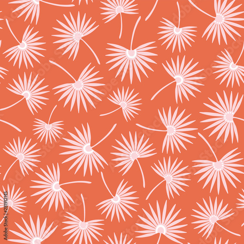 Seamless repeat of pink tropical palms on an orange background. Vector foliage pattern design. © Anna Beatty