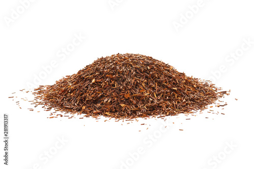 Heap of rooibos tea leaves on white background.