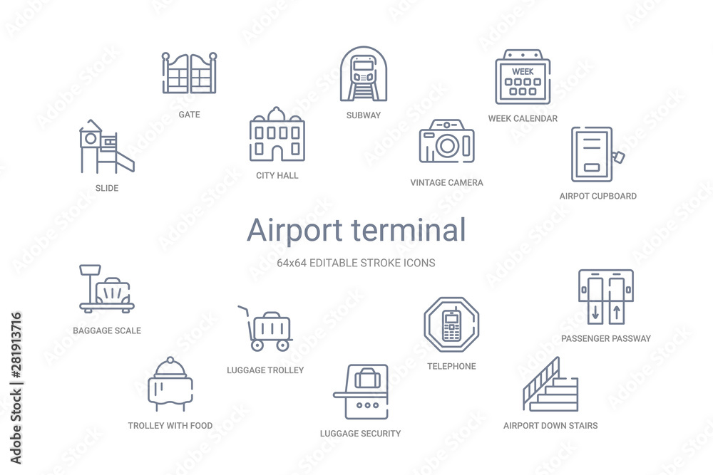 airport terminal concept 14 outline icons